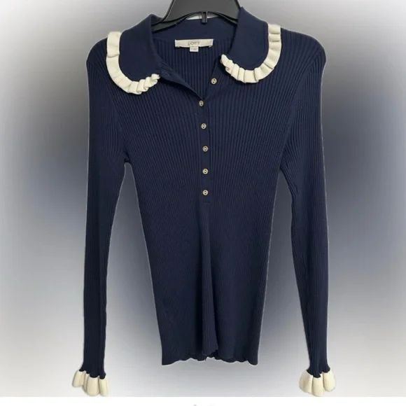 LOFT Navy Button Down Shirt with Cream Details and cute buttons - Picture 1 of 6